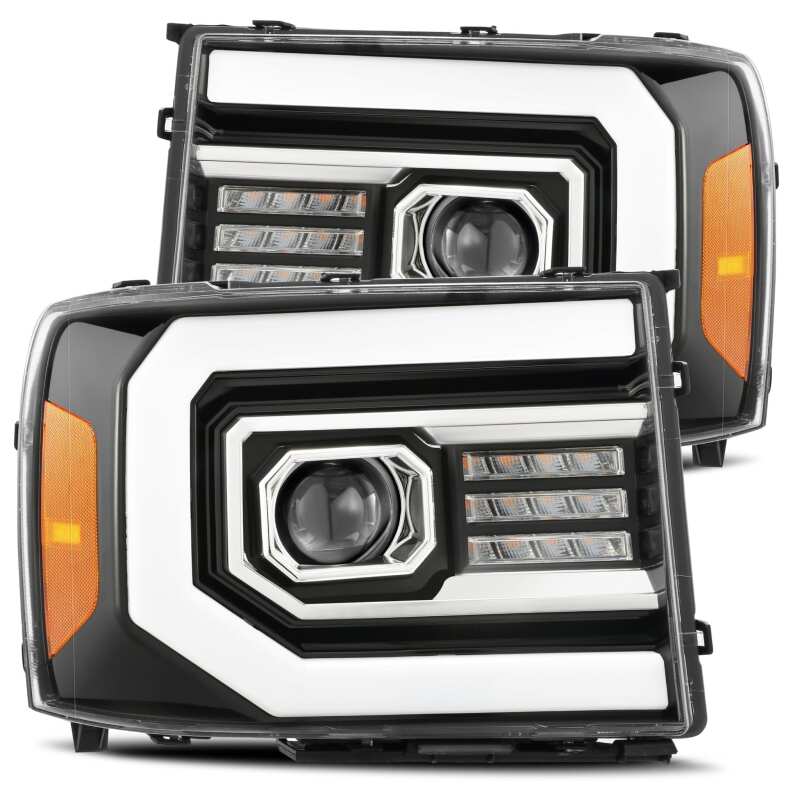 AlphaRex LUXX-Series LED projector headlights for 2007-2013 GMC Sierra 1500 in jet black with sequential signals and daytime running lights.