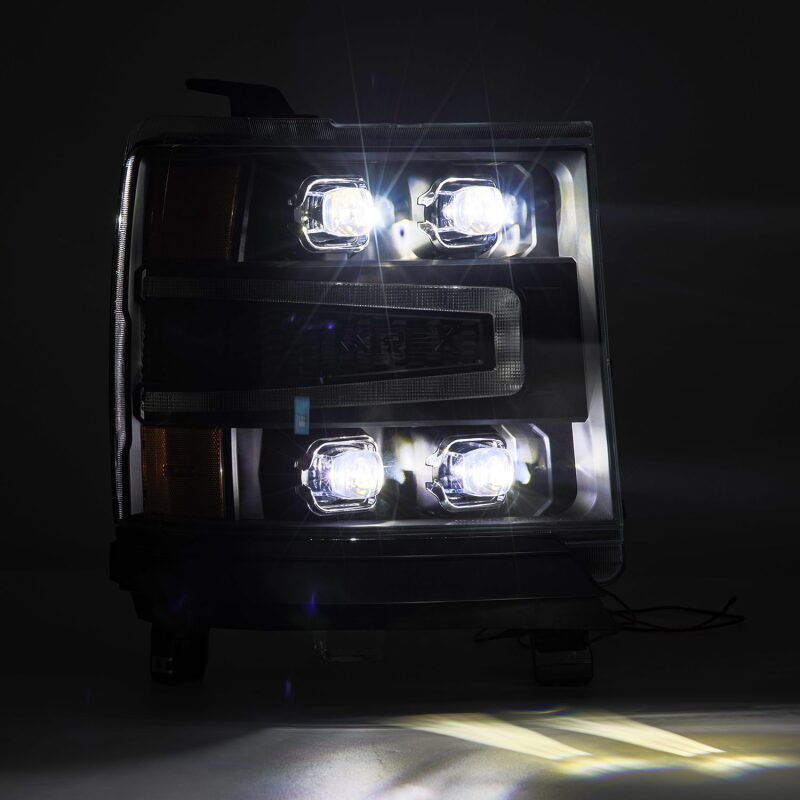 AlphaRex NOVA-Series LED projector headlights for 2016-2018 Chevy 1500HD with active lighting and sequential signals.