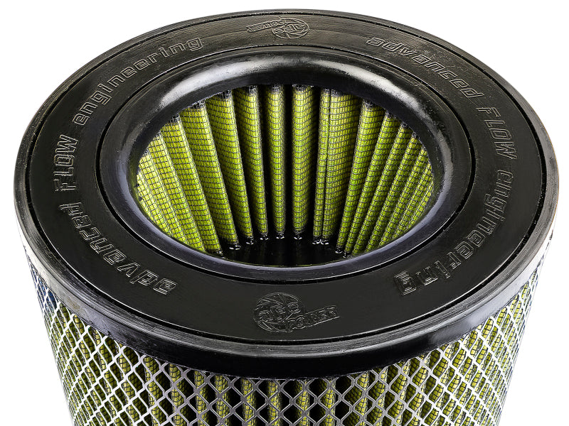 AFE Magnum FORCE replacement air filter featuring a cylindrical design with expanded metal and a black top, measuring 5.5 inches front, 9 inches back, 9 inches top, and 7 inches high.