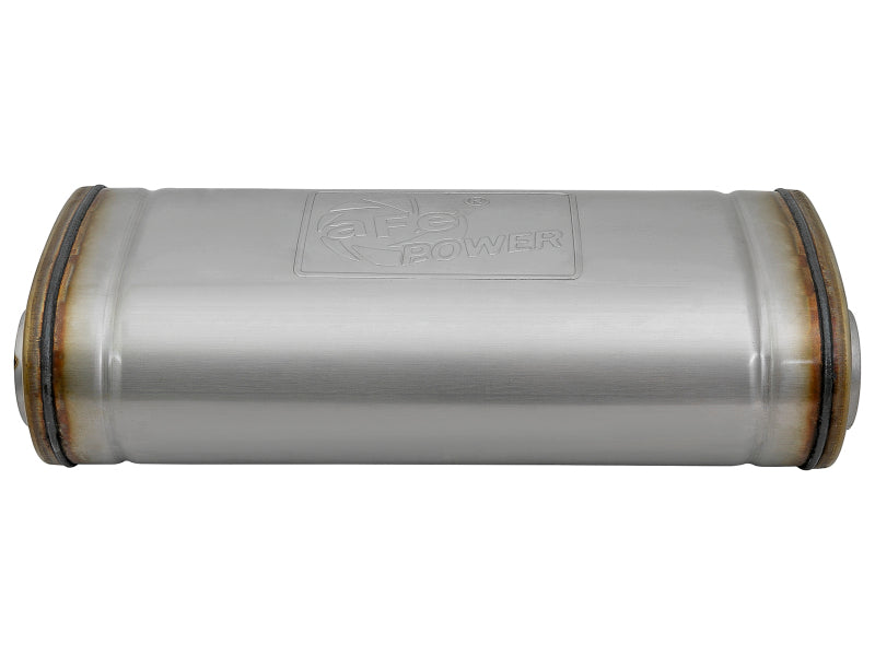 Afe MACH Force-Xp oval muffler with 2-1/2 inch ID offset, measuring 18 inches long, 8 inches wide, and 5 inches high.