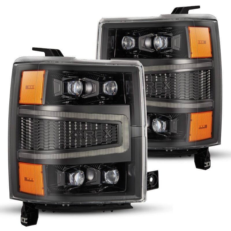 AlphaRex NOVA-Series LED projector headlights for 2004-2015 Chevy 1500 with sequential signals and daytime running lights.
