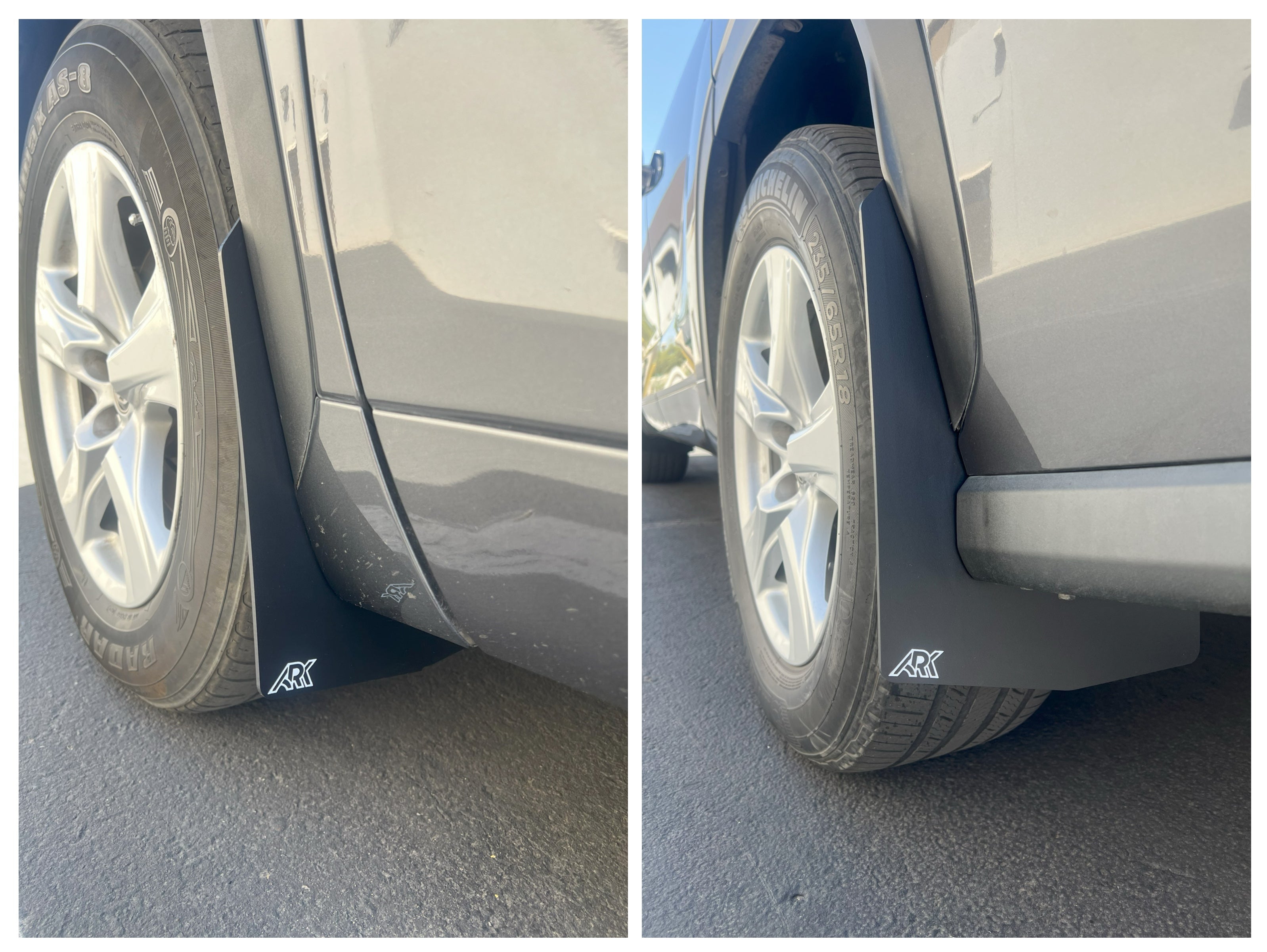 2020+ Toyota Highlander TriXPoly Mid Mudflaps installed on a vehicle, showcasing durable protection against mud and debris.