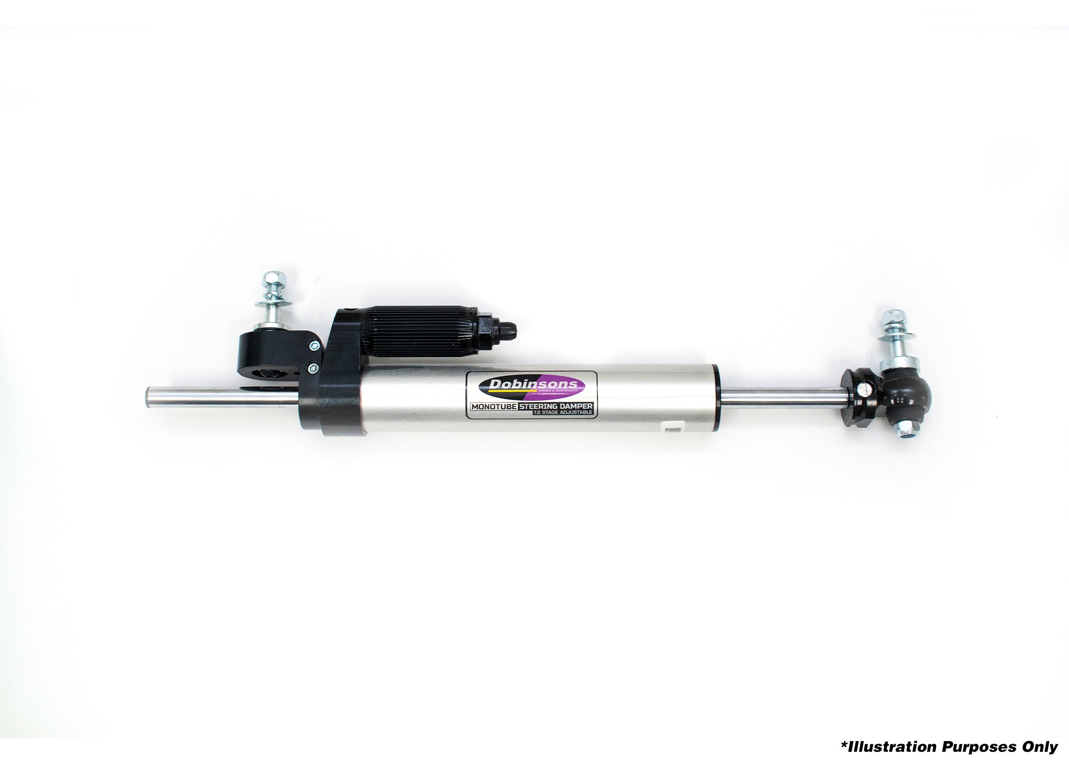 Adjustable aluminum steering damper SS59A825 designed for improved steering stability in offroad vehicles.