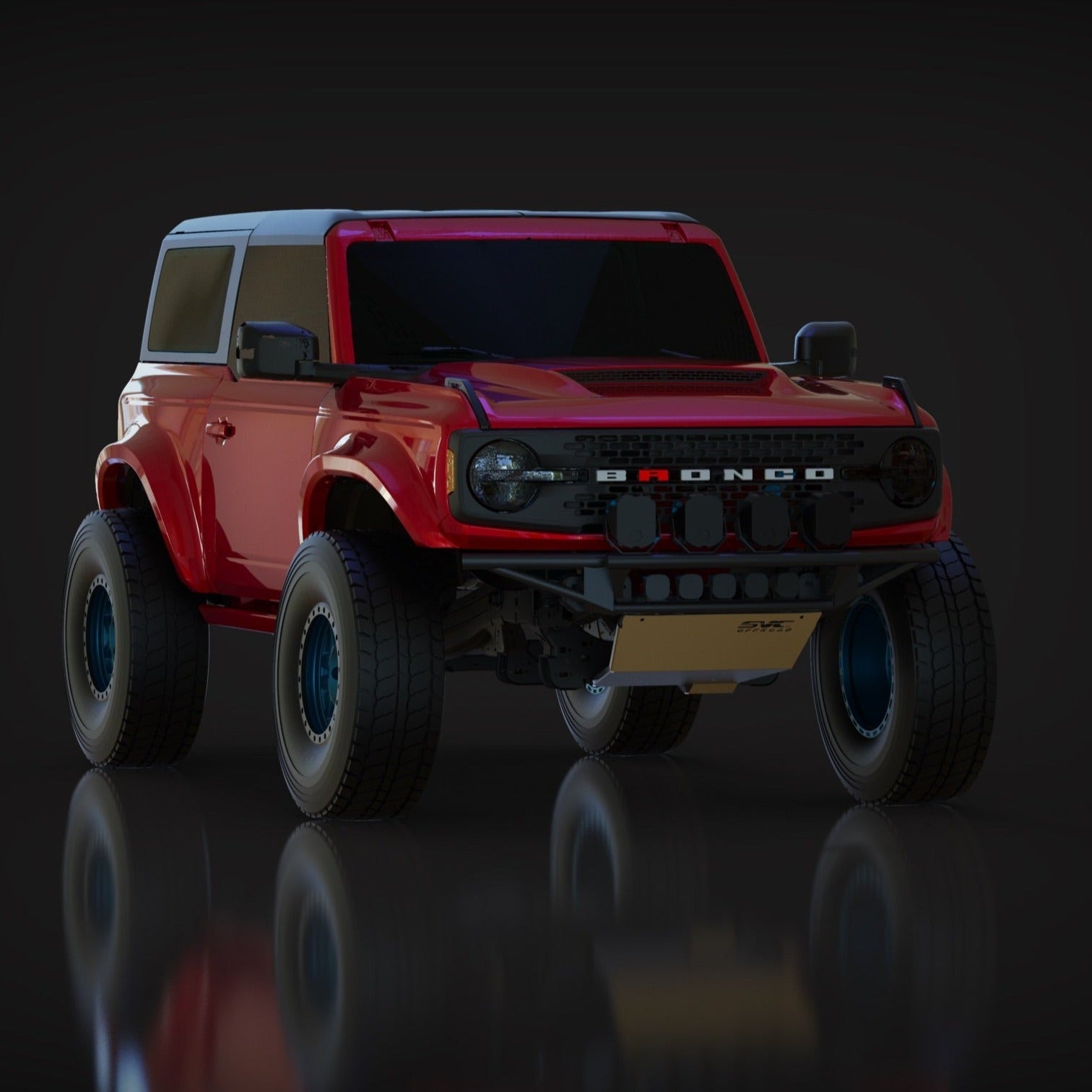 2021-2025 Ford Bronco 2-Door Rear Quarter Kit displayed on a red Bronco model with oversized tires and rugged design.
