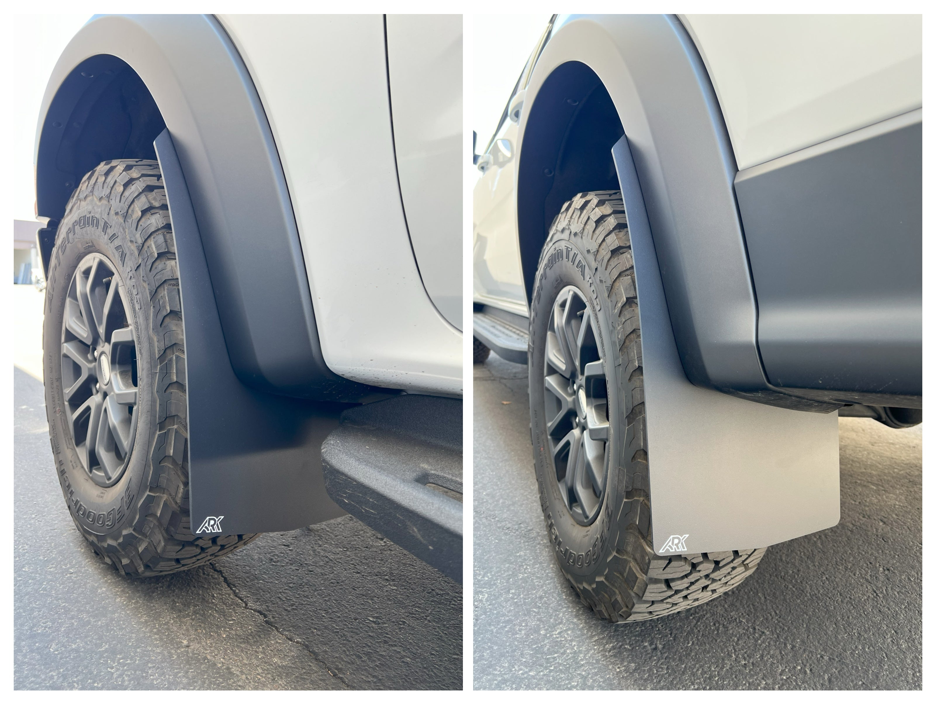 2024+ Ford Ranger Raptor TriXPoly Mud Flaps showcasing durable design and fit on offroad tires for enhanced protection.