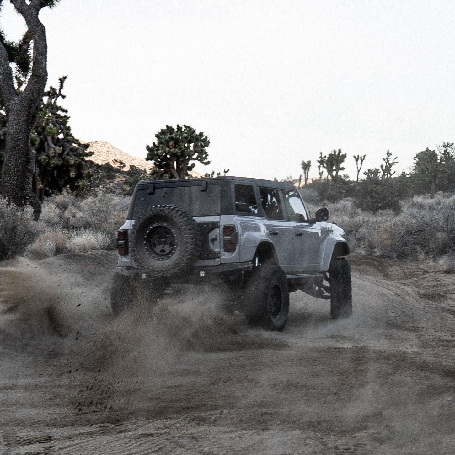 2022-2025 Ford Bronco Raptor rear quarter kit showcased on a Bronco driving off-road in a desert landscape.