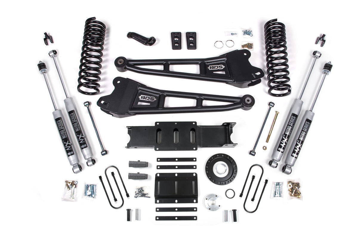 13-18 Ram 3500 4WD (Diesel) 6 Inch Radius Arm Suspension Lift Kit, 8-Bolt Indexing Ring, 5 Inch Rear Lift, Block - Fox 2.0 IFP Performance Series Shocks BDS Suspension