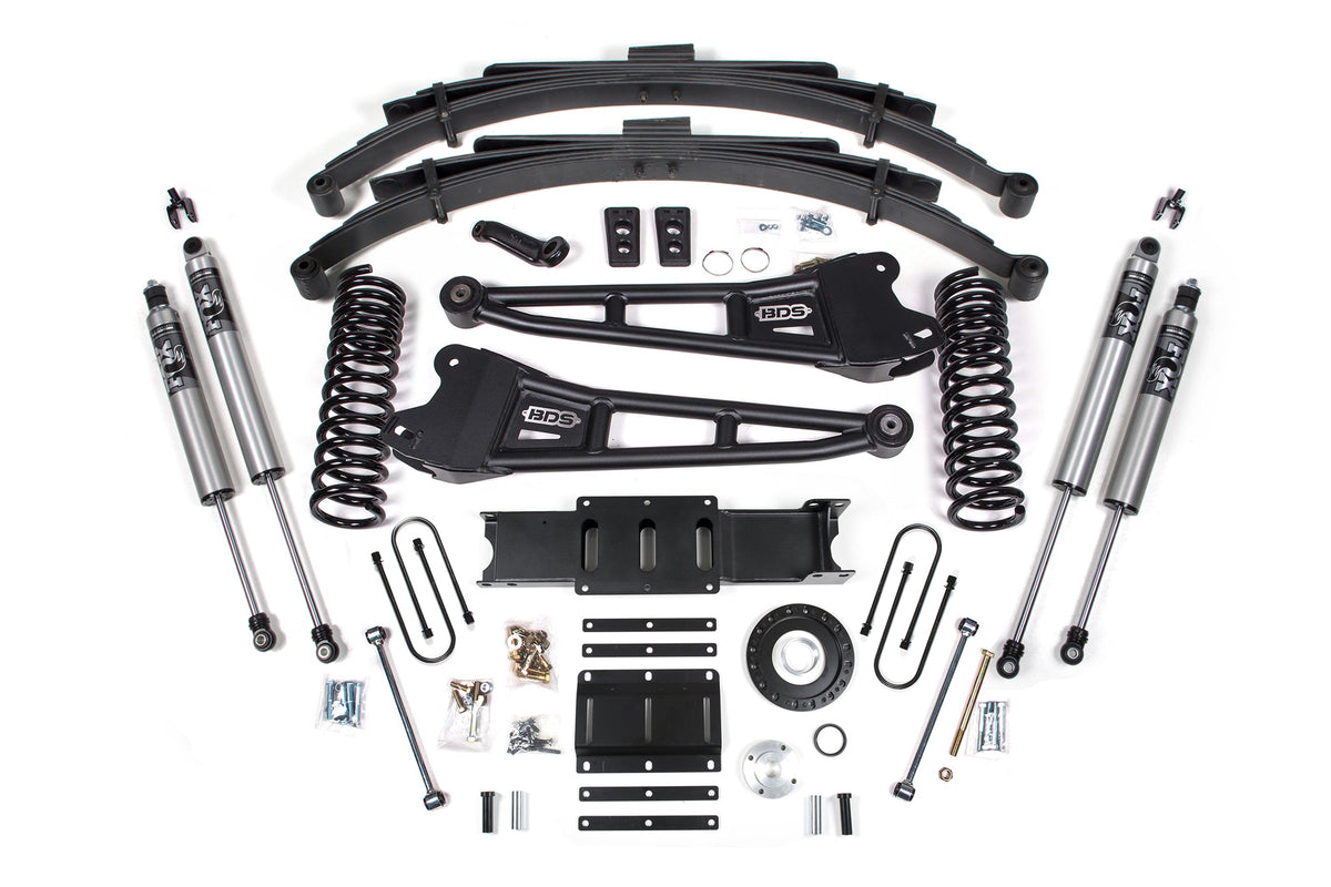 13-18 Ram 3500 4WD (Diesel) 6 Inch Radius Arm Suspension Lift Kit, 8-Bolt Indexing Ring, 4 Inch Rear Lift, Block - NX2 Nitro Series Shocks BDS Suspension