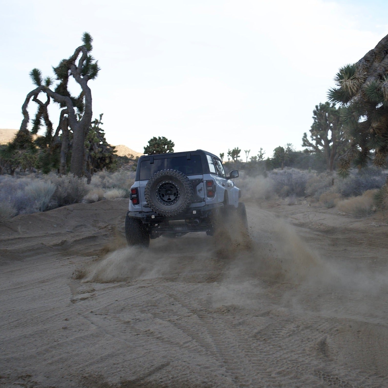 2022-2025 Ford Bronco Raptor fenders showcased on a vehicle driving through sandy terrain, highlighting off-road capability.