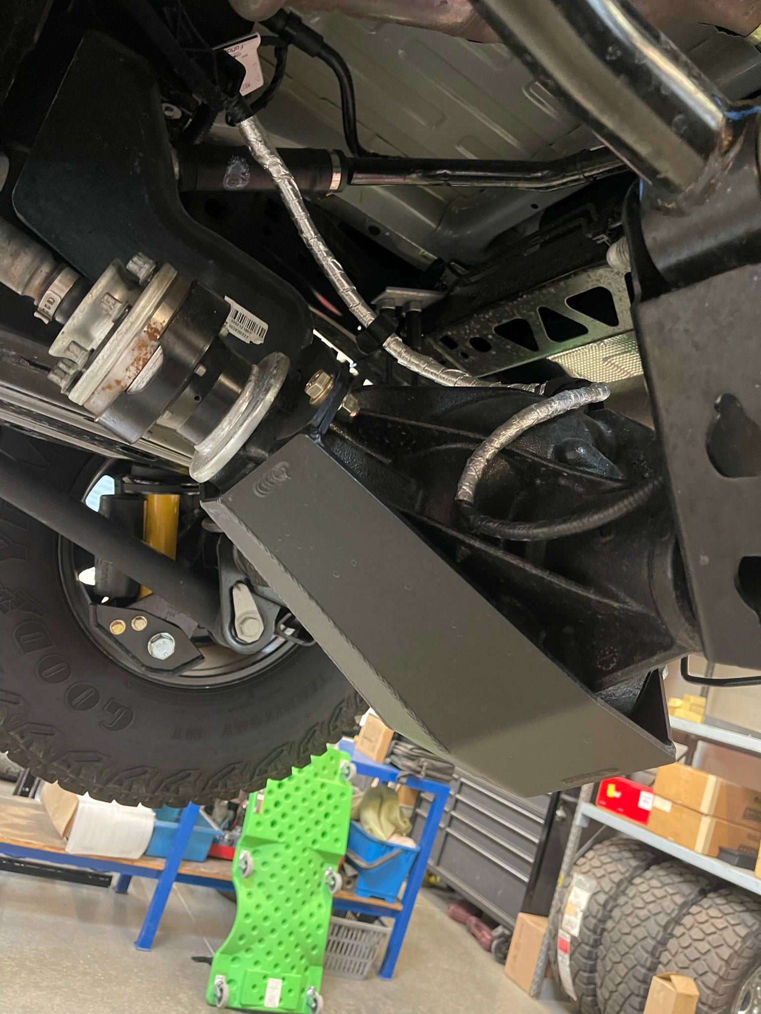 2021 and newer Ford Bronco rear differential skid plate installed, showcasing robust protection for off-road adventures.