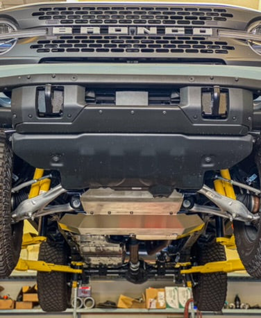 2021 and newer Ford Bronco skid plate installed, showcasing undercarriage protection and rugged design for offroad use.