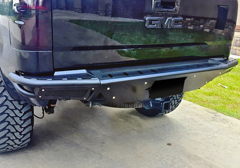RBS PreRunner Rear Bumper Pre-Runner Style with Brushed Aluminum Skid Plate Works with Factory Hitch 2007-2013 Chevy Silverado/GMC Sierra 1500 Gloss Black N Fab