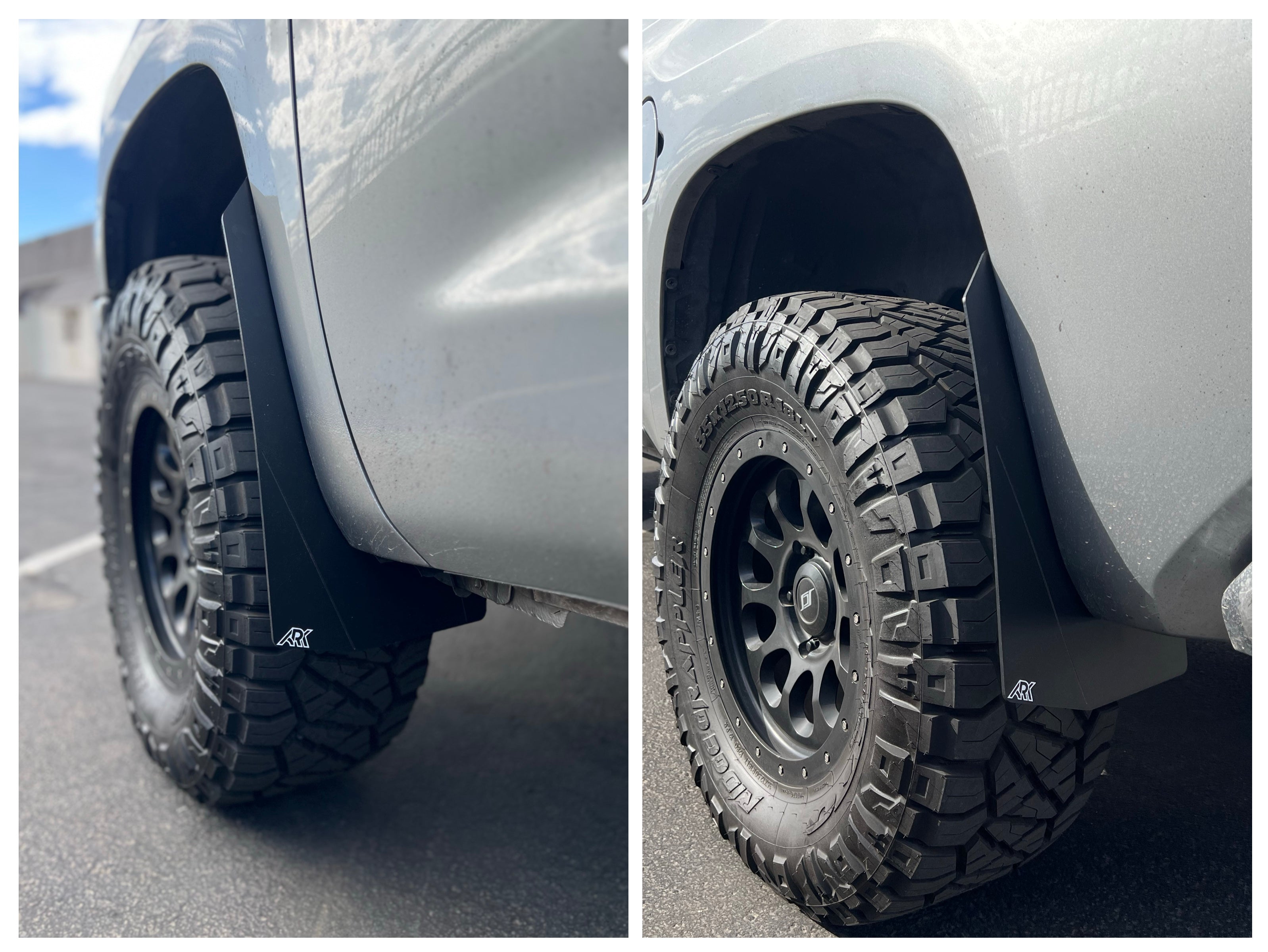 2007-2021 Toyota Tundra TriXpoly Mid Mudflaps installed on a truck, showcasing rugged design and tire clearance.