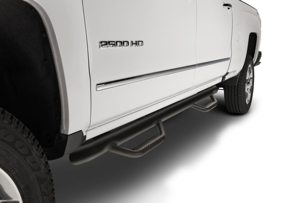 Nerf Step Bar Wheel-to-Wheel with Bed Access (3 Steps per Side) 3 Inch Main Tube Diameter 2014-2018 Chevy Silverado/GMC Sierra 5' 9 Inch Bed Crew Cab Textured Black N Fab