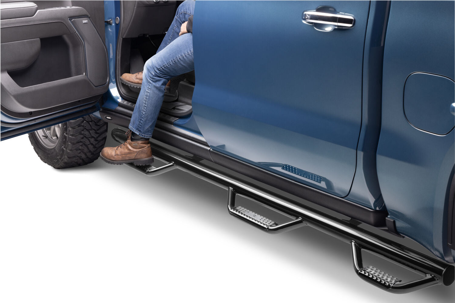 Nerf Step Bar Wheel-to-Wheel with Bed Access (3 Steps per Side) 3 Inch Main Tube Diameter 2019 (New Body Style)-2025 Chevy Silverado/GMC Sierra 5 Foot 9 Inch Bed Crew Cab Gloss Black NFab