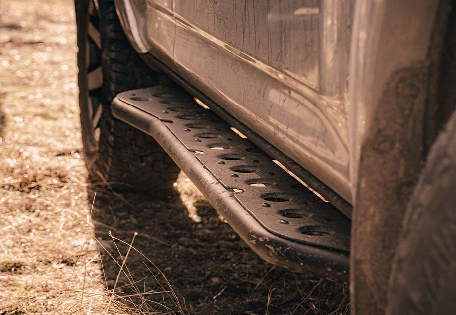Step Edition Rock Slider For 24-Present Toyota Tacoma/Double Cab Short Bed W/ No Kick Out/Yes (Bed Liner)/Powdercoat Cali Raised LED