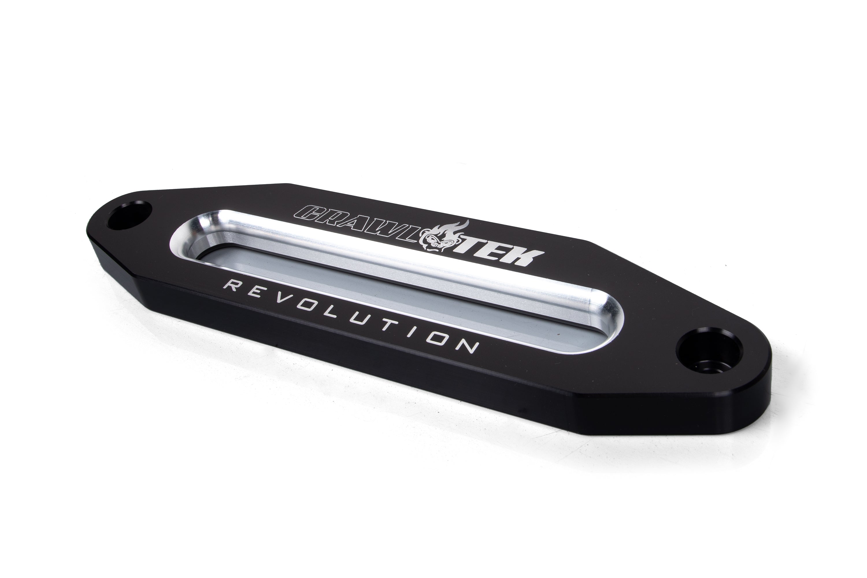 Black aluminum hawse fairlead with a sleek design, featuring the "CrawlTek Revolution" logo and cutout for winch rope.
