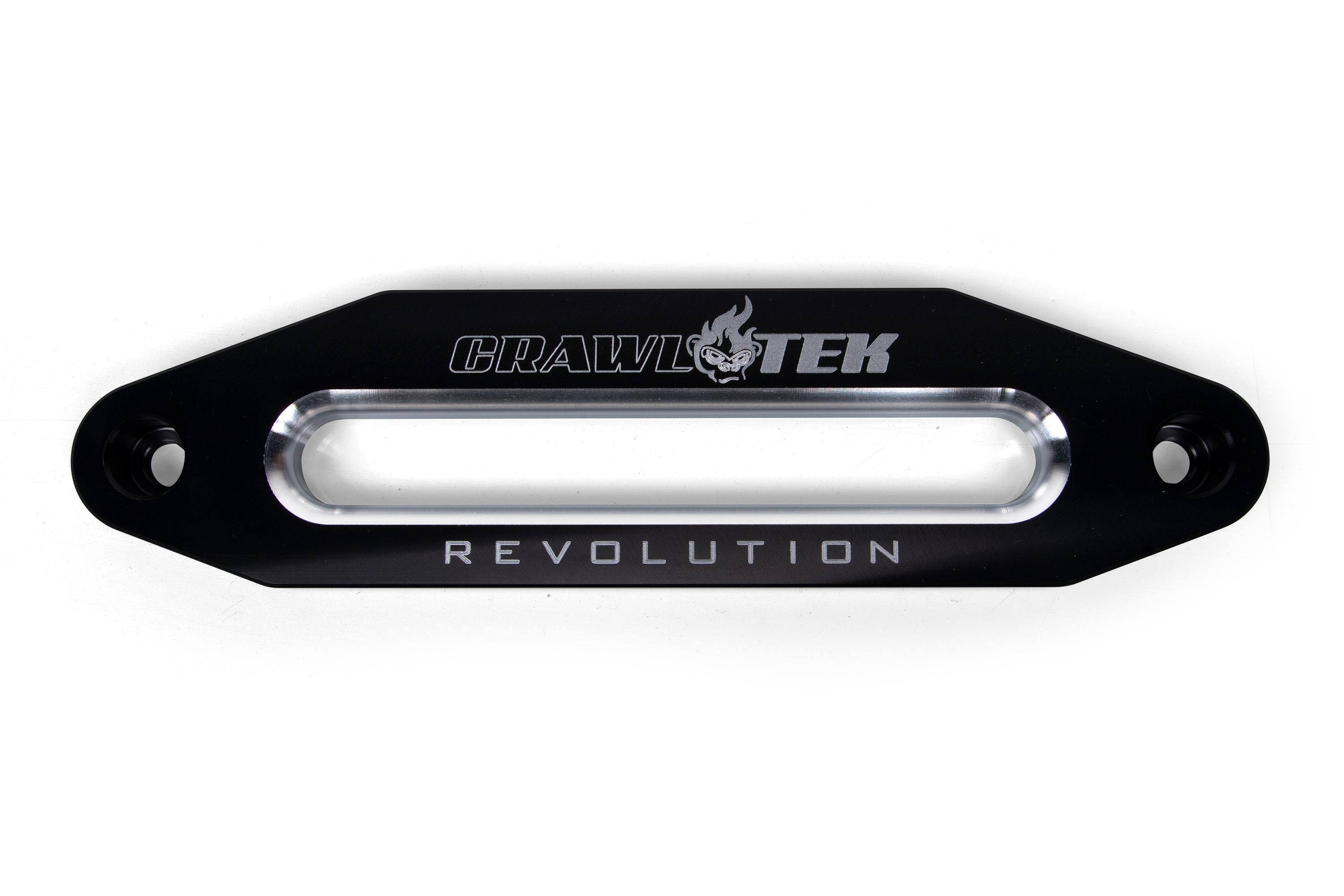 Aluminum hawse fairlead in black, featuring a sleek design and engraved branding, ideal for offroad winching applications.