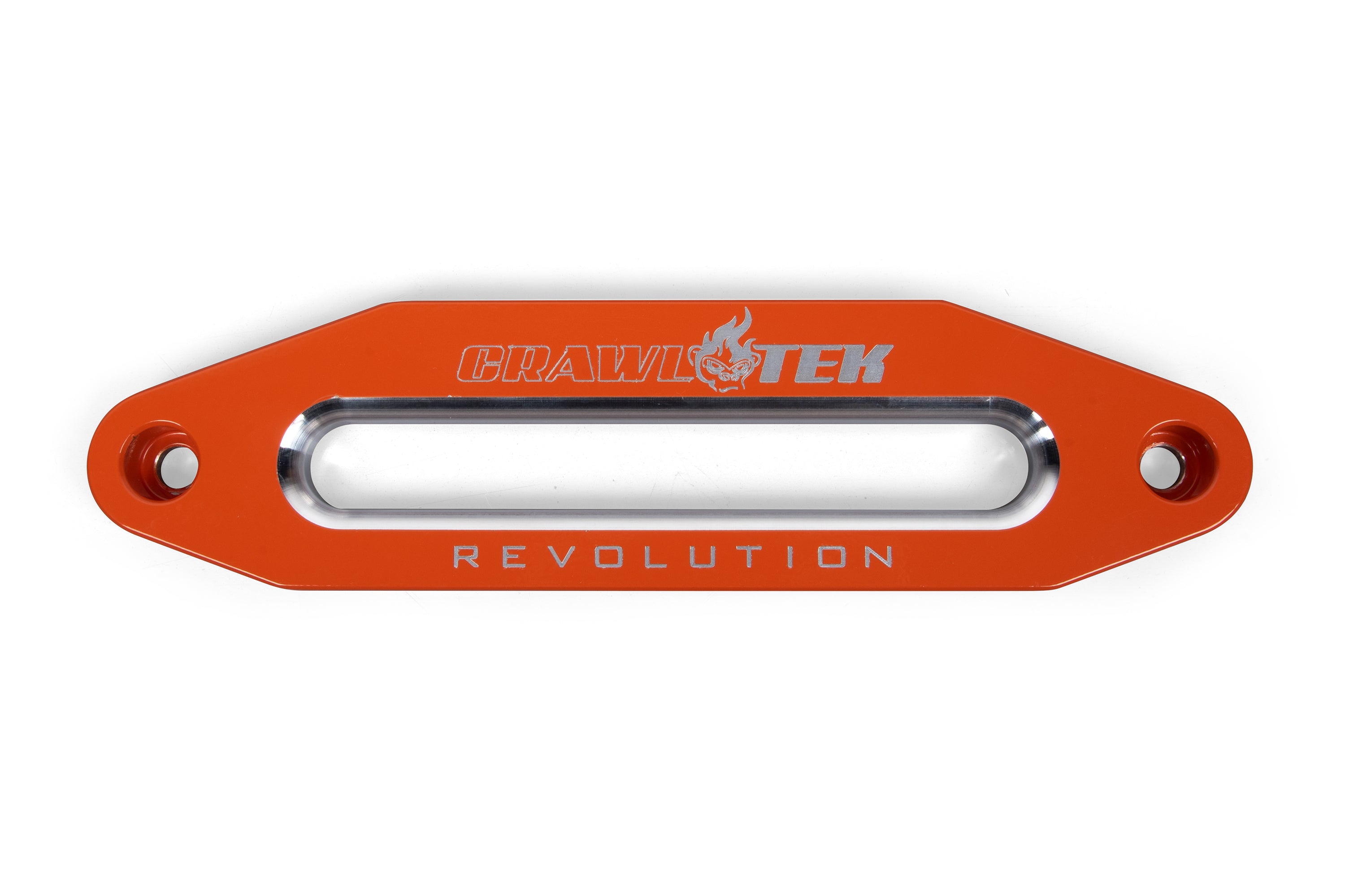 Aluminum hawse fairlead in orange with engraved logo, designed for offroad vehicles and winch applications.