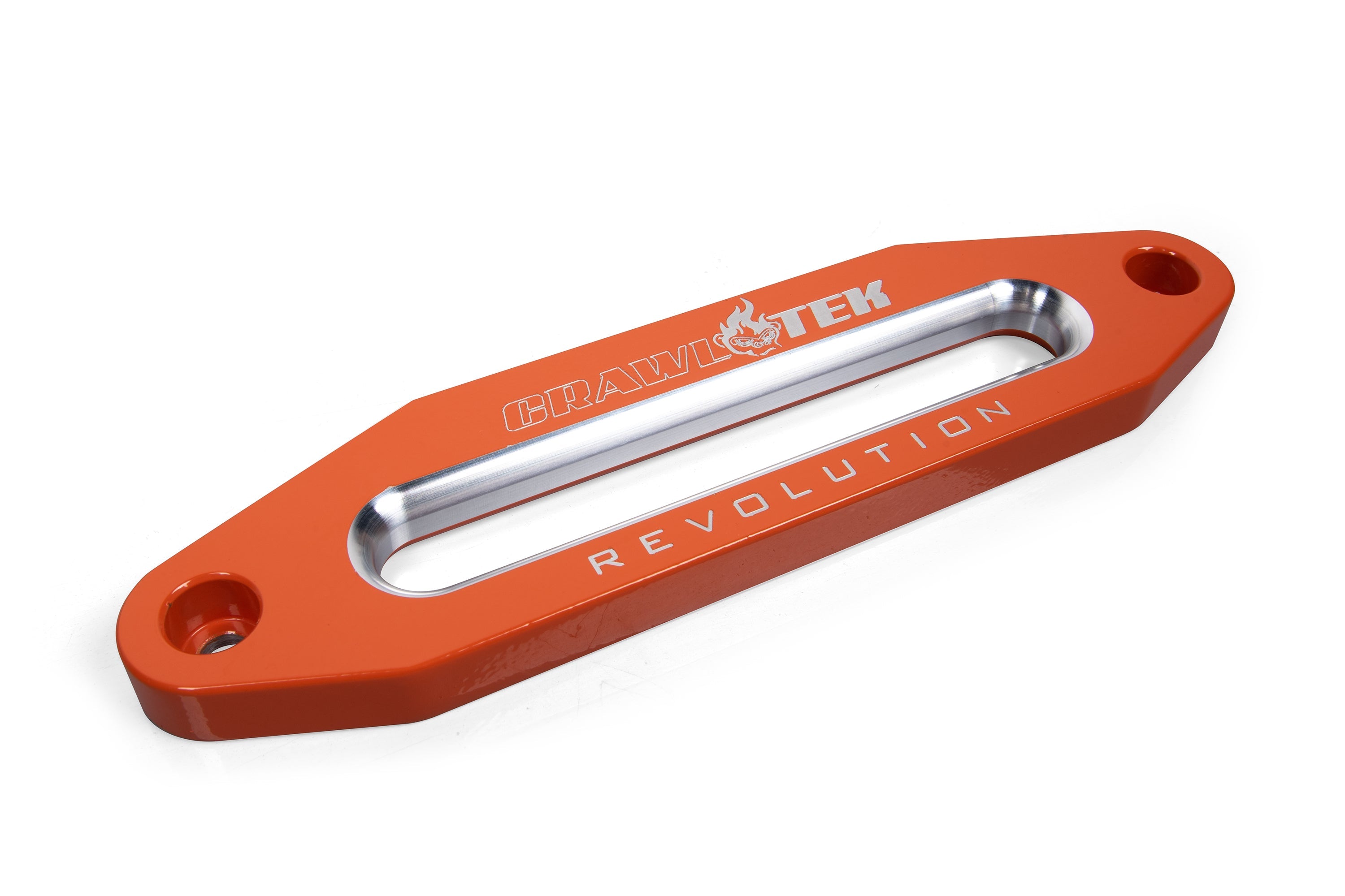 Aluminum hawse fairlead in orange, designed for offroad vehicles, featuring a sleek, durable construction.