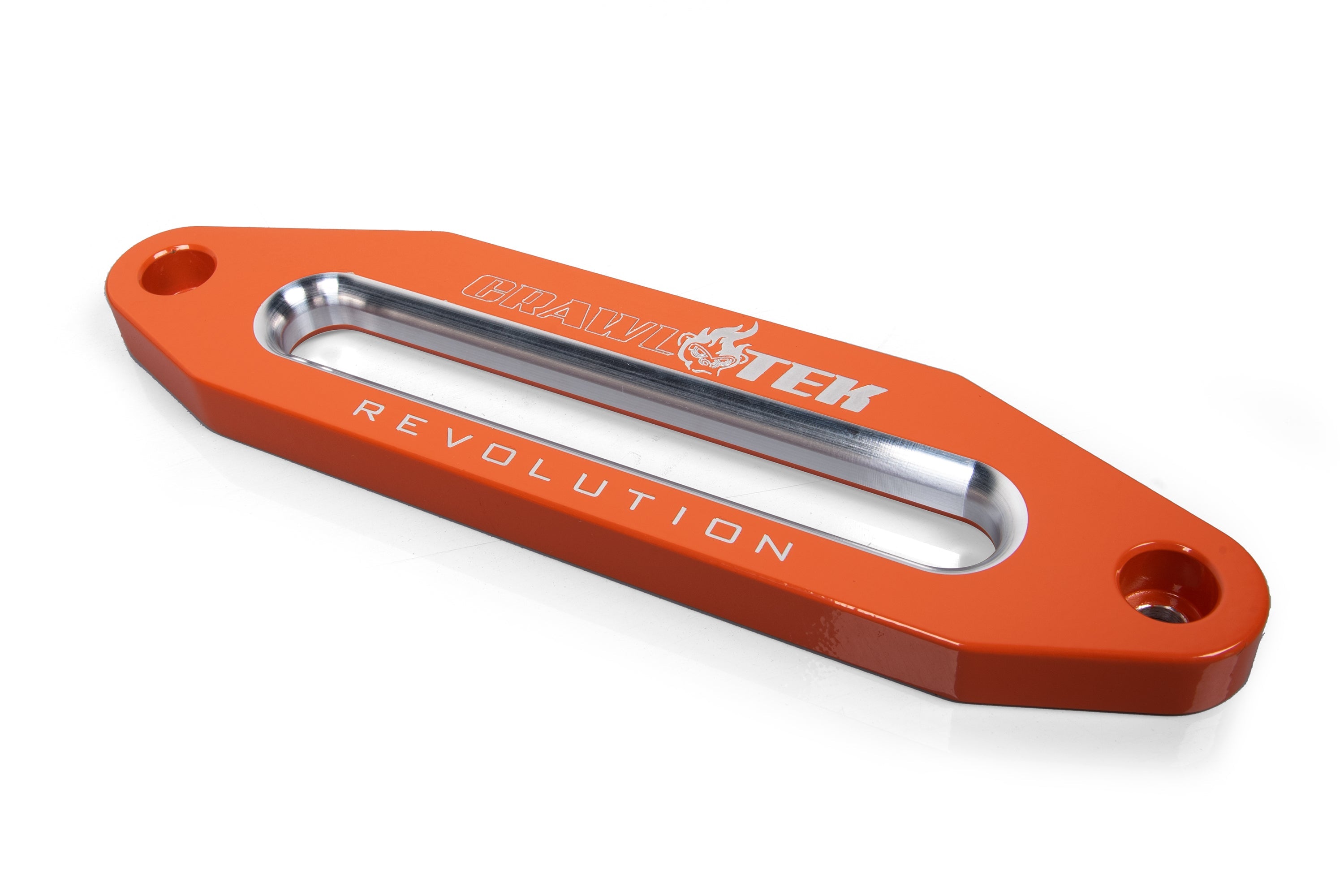 Aluminum hawse fairlead in orange with a sleek design, featuring the word "REVOLUTION" engraved on it.