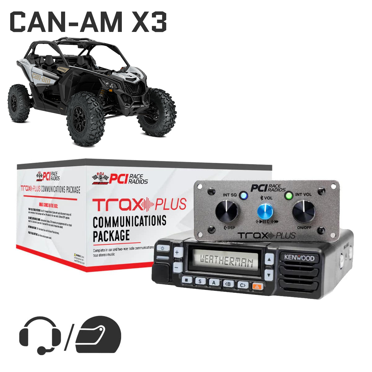 Can Am X3 Trax Communications Package featuring a Kenwood radio unit and packaging, designed for off-road communication.