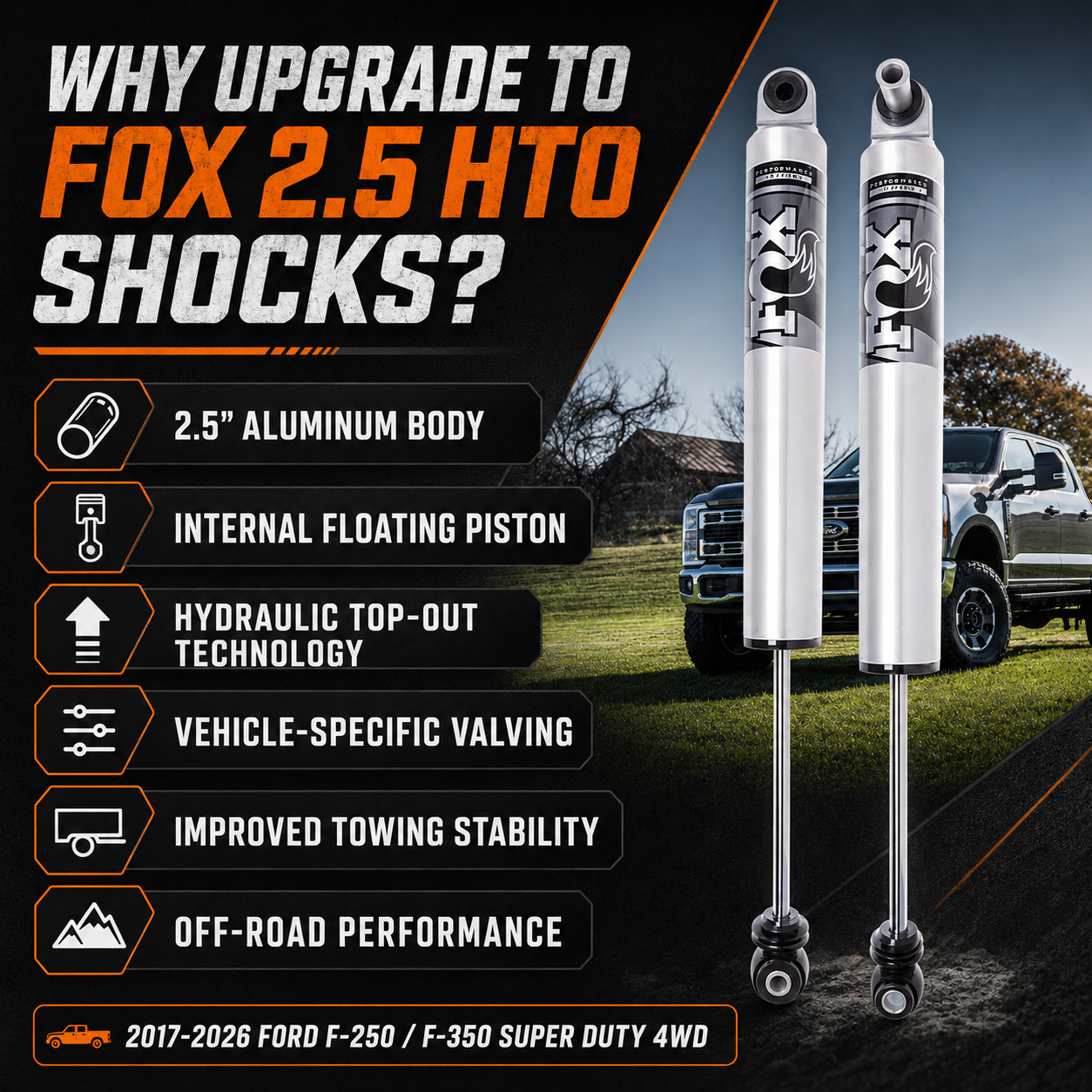 FOX 2.5 Performance Series HTO Shocks (Set of 4) | 2017–2026 Ford F-250 / F-350 Super Duty 4WD