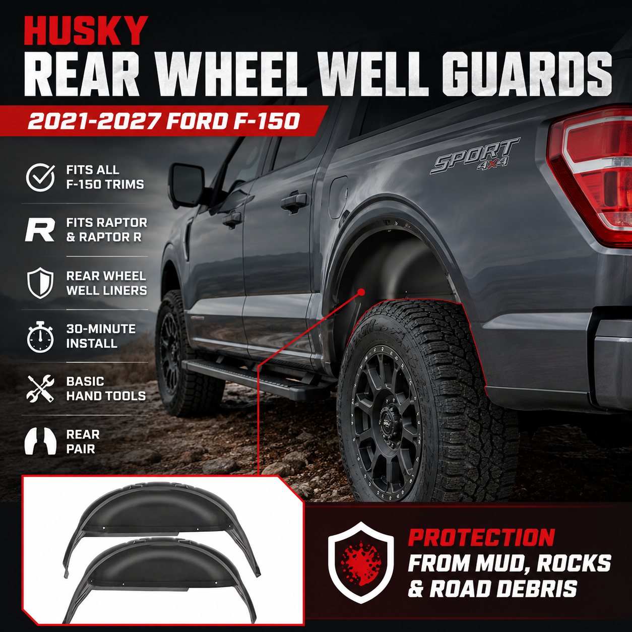 Husky Liners 21-23 Ford F-150 Raptor Black Rear Wheel Well Guards