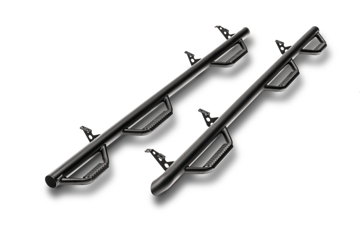Nerf Step Bar Wheel-to-Wheel with Bed Access (3 Steps per Side) 3 Inch Main Tube Diameter 2002-2008 Dodge Ram 1500/2002-2009 2500/3500 8' Bed Quad Cab with Single Rear Wheels Textured Black N Fab