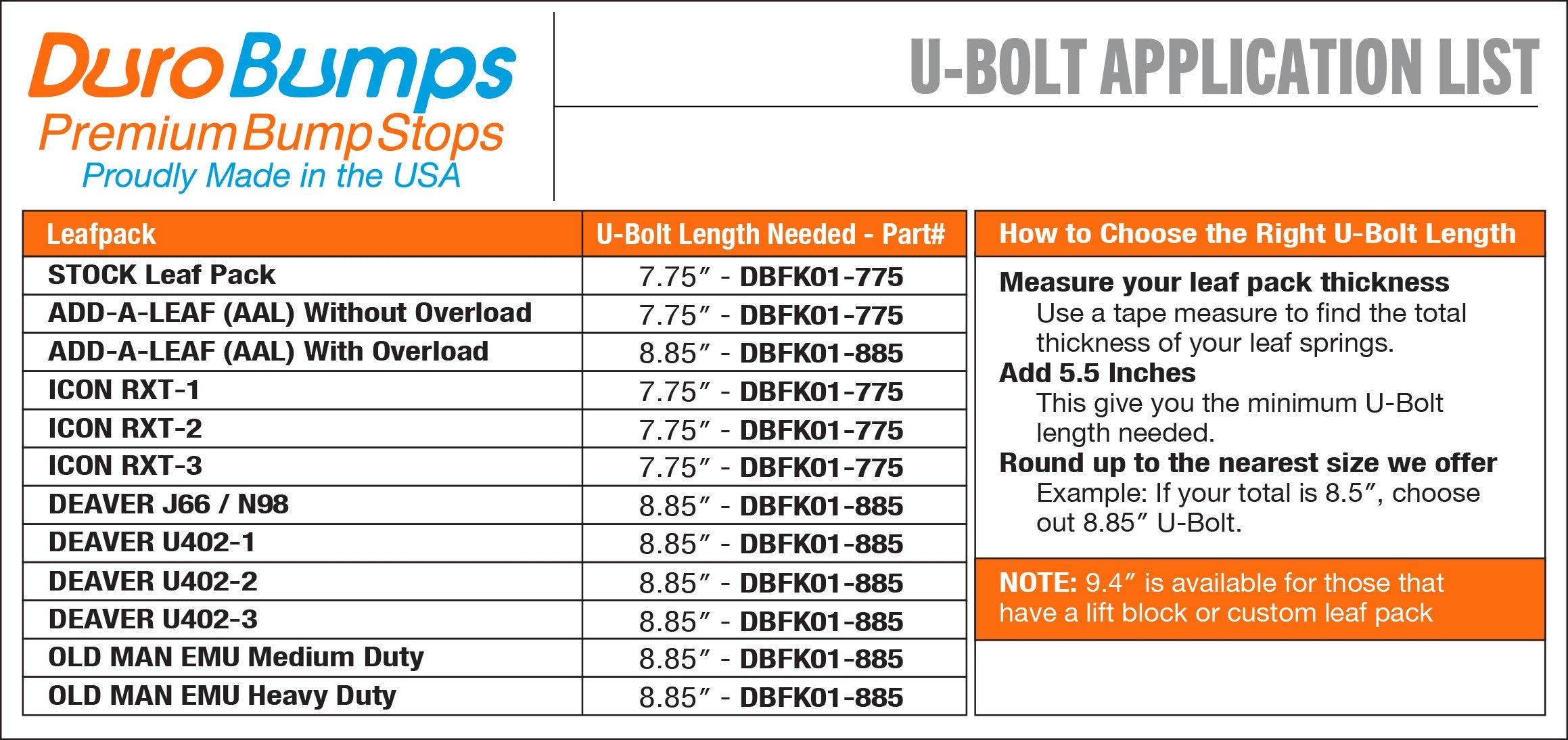Heavy-Duty U-Bolt 9.4 Inch for 05-23 Toyota Tacoma - 9/16 Inch Diameter (Single Unit) DuroBumps