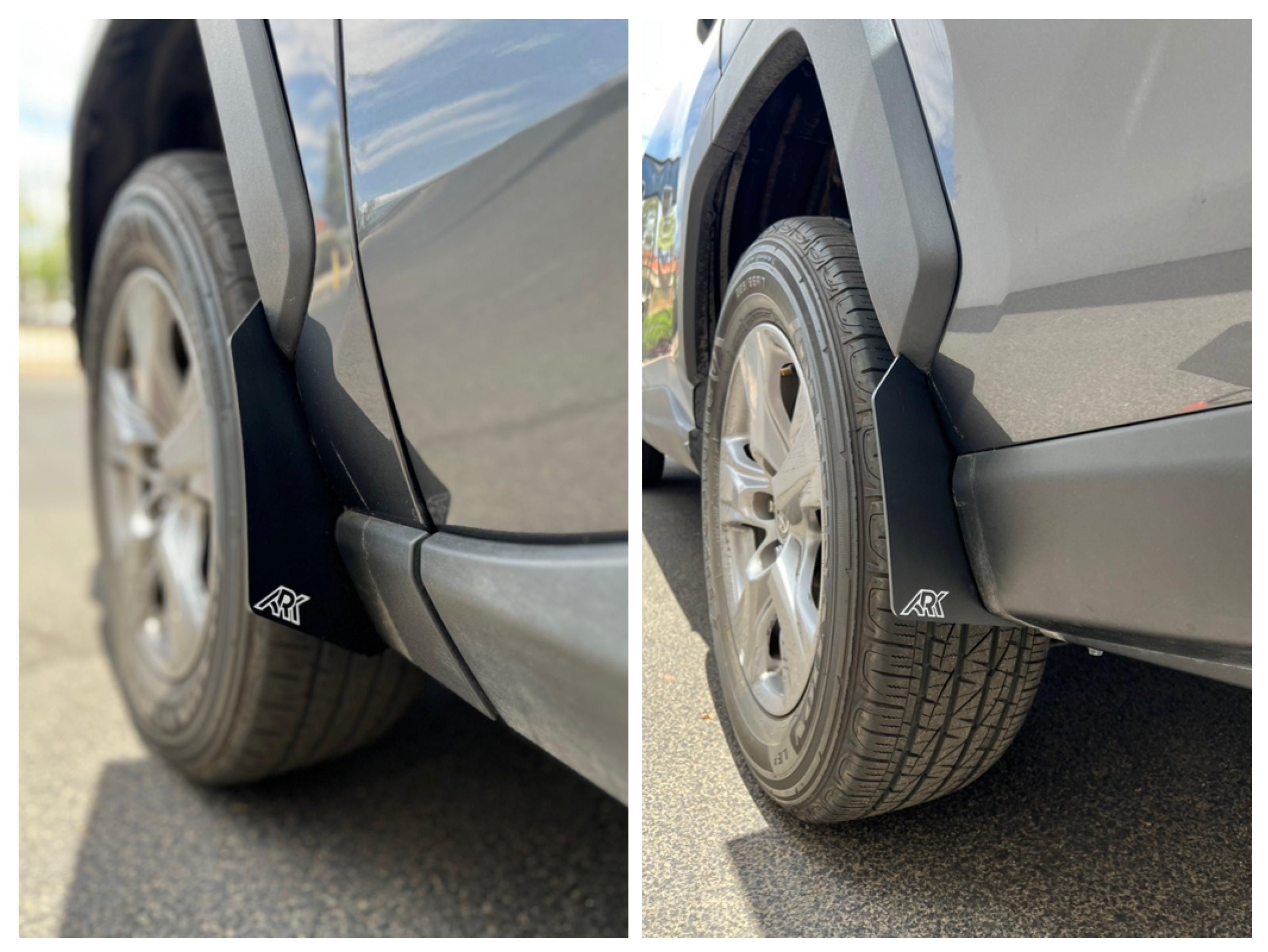 TriXPoly mud flaps for 2019-2025 Toyota RAV4 Gen 5, showcasing durable design and fit on vehicle tires.