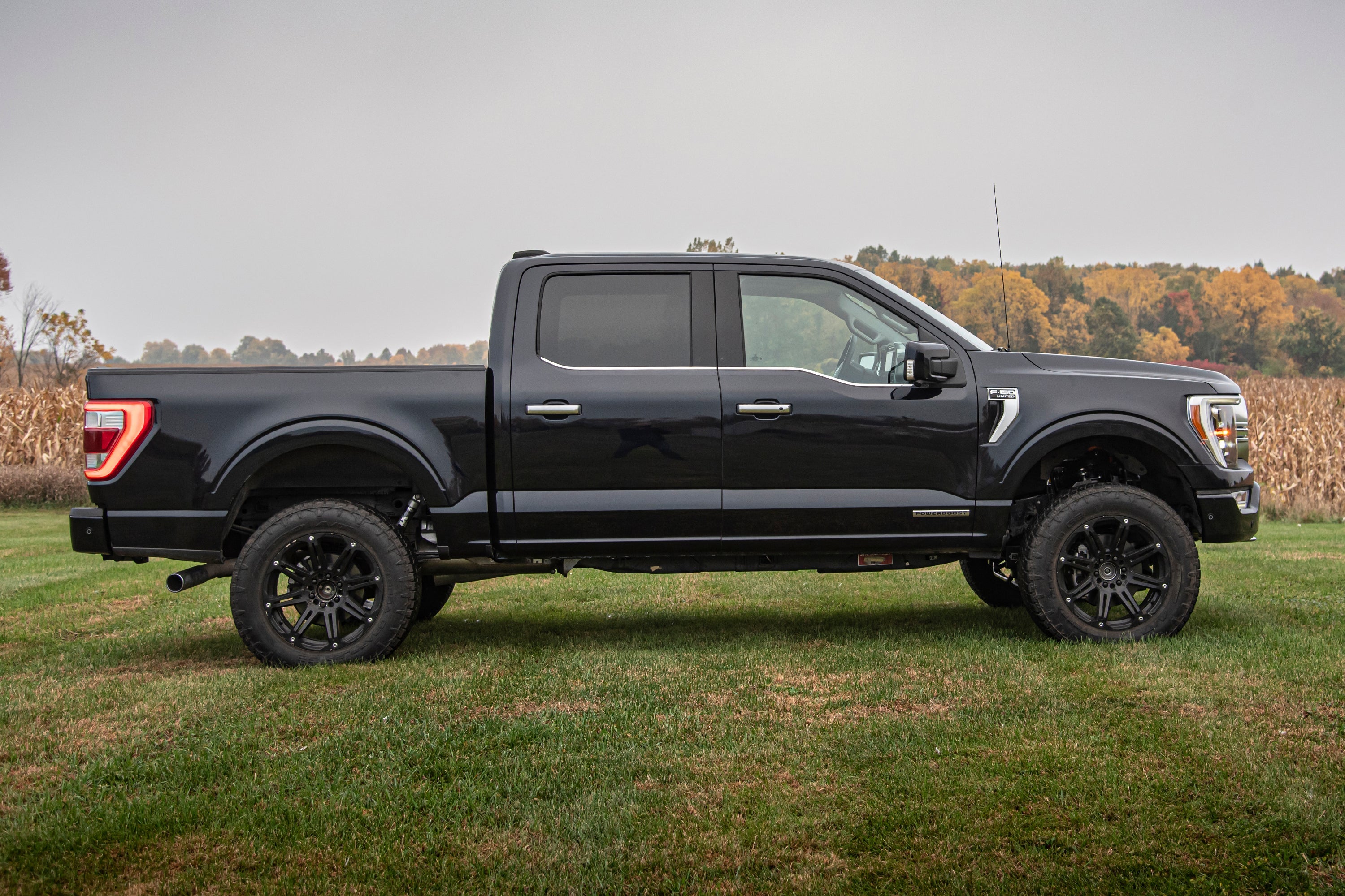 4-inch lift kit with FOX 2.0 strut installed on a black Ford F150 4WD, showcasing enhanced off-road capability.