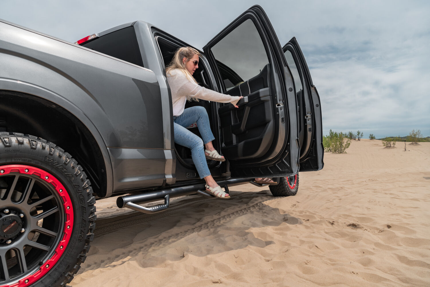 Nerf Step Bar Wheel-to-Wheel with Bed Access (3 Steps per Side) 3 Inch Main Tube Diameter 2015-2025 Ford F-150 6 Foot 7 Inch Bed SuperCrew Textured Black NFab