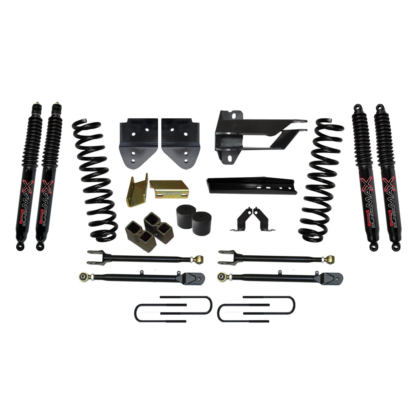 Lift Kit 4 Inch Lift w/Adjustable 4-Links 17-19 Ford F-350 Super Duty Includes Front Coil Springs U-Bolts Bump Stop Spacers Radius Arms Lowering Brackets Black Max 8500 Shocks Skyjacker