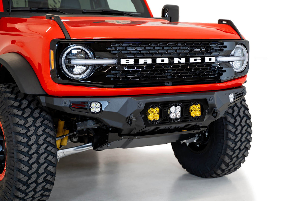 2021+ Ford Bronco Bomber Front Bumper Mounts for Three Baja Designs LP4 Lights Addictive Desert Designs
