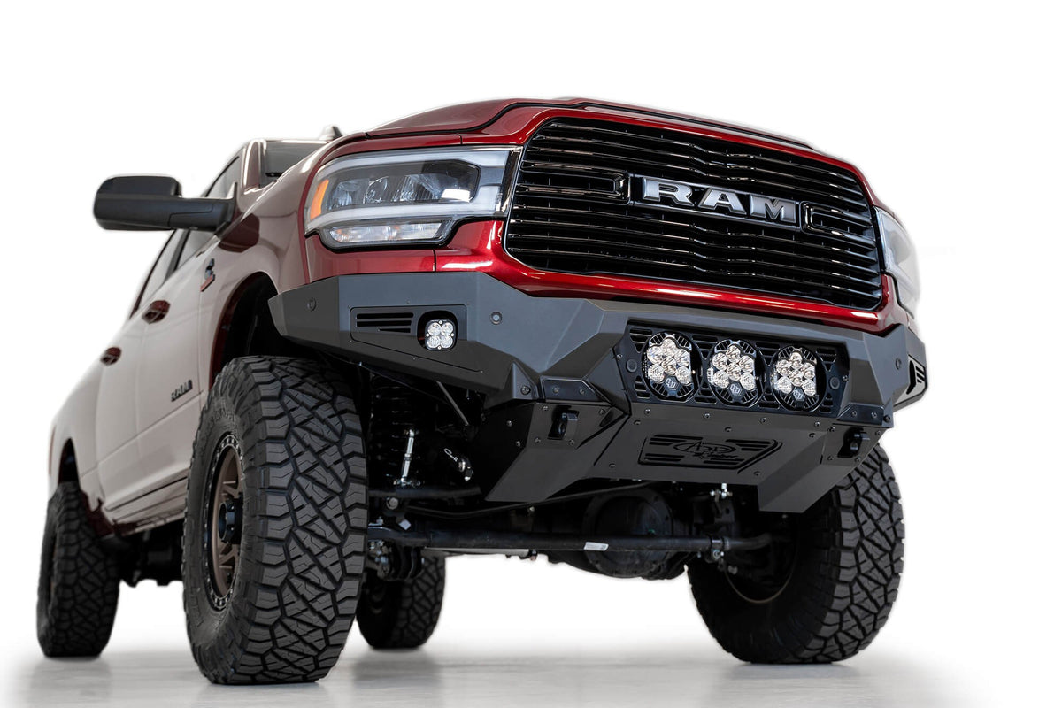 2019-2025 RAM 2500 3500 Bomber Front Bumper Mounts for three Baja Design's LP6 round lights Addictive Desert Designs
