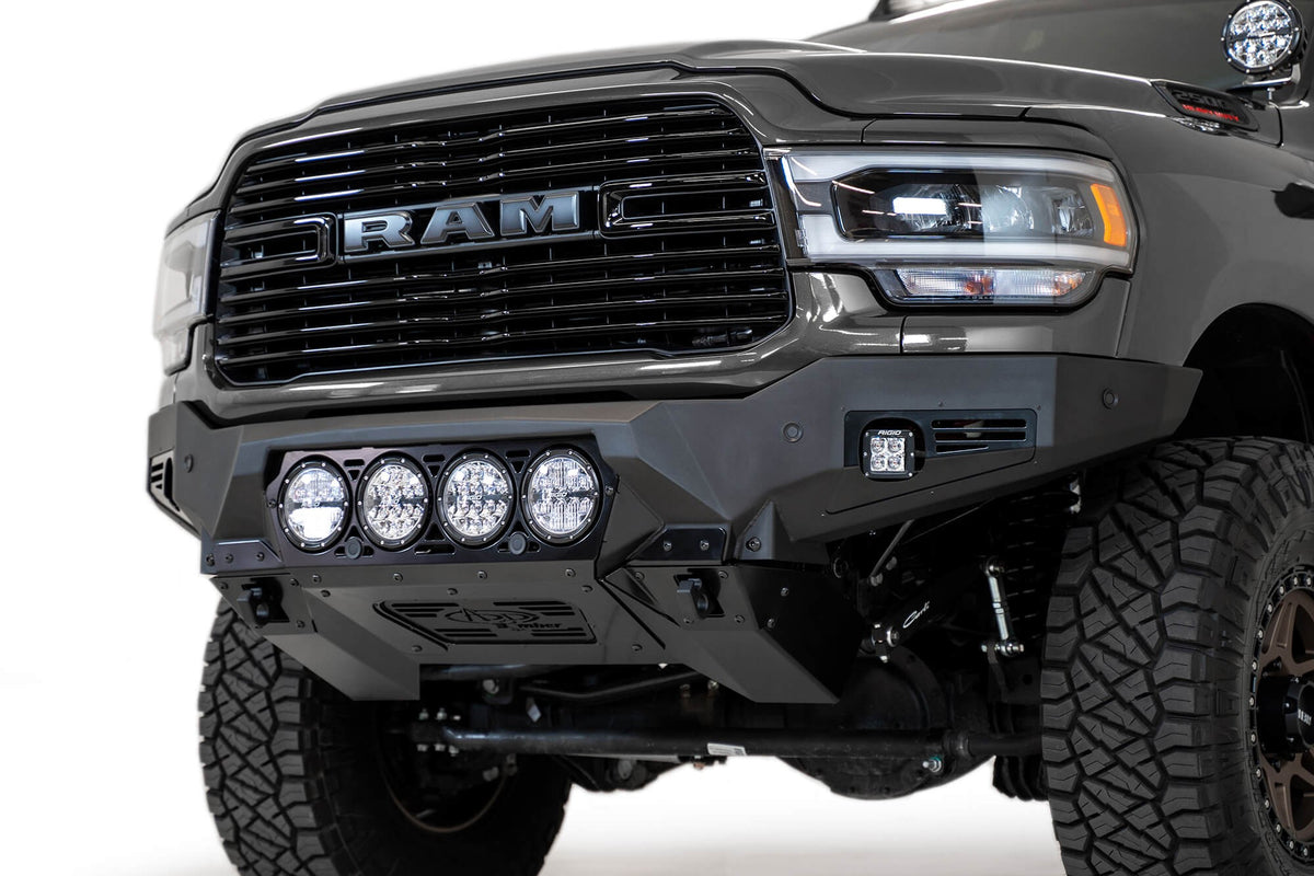 2019-2025 RAM 2500 3500 Bomber Front Bumper Mounts for four rigid 360 6 inch round lights Addictive Desert Designs