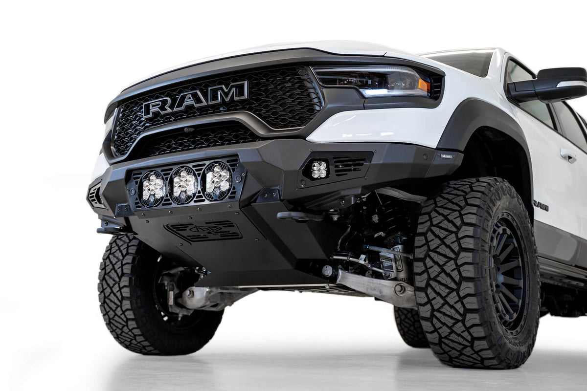 2021-2024 RAM 1500 TRX Bomber Front Bumper Mounts for 3 Baja Designs LP6 round lights Addictive Desert Designs