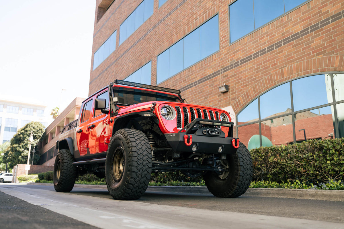 2007 2025 Jeep GladiatorJT Wrangler JK JKU JL JLU Stubby Front Bumper With Plated Bull Bar DV8 Offroad