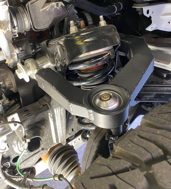 Fabricated upper arm kit for 2021 and newer Bronco, showcasing stock length suspension components and installation details.