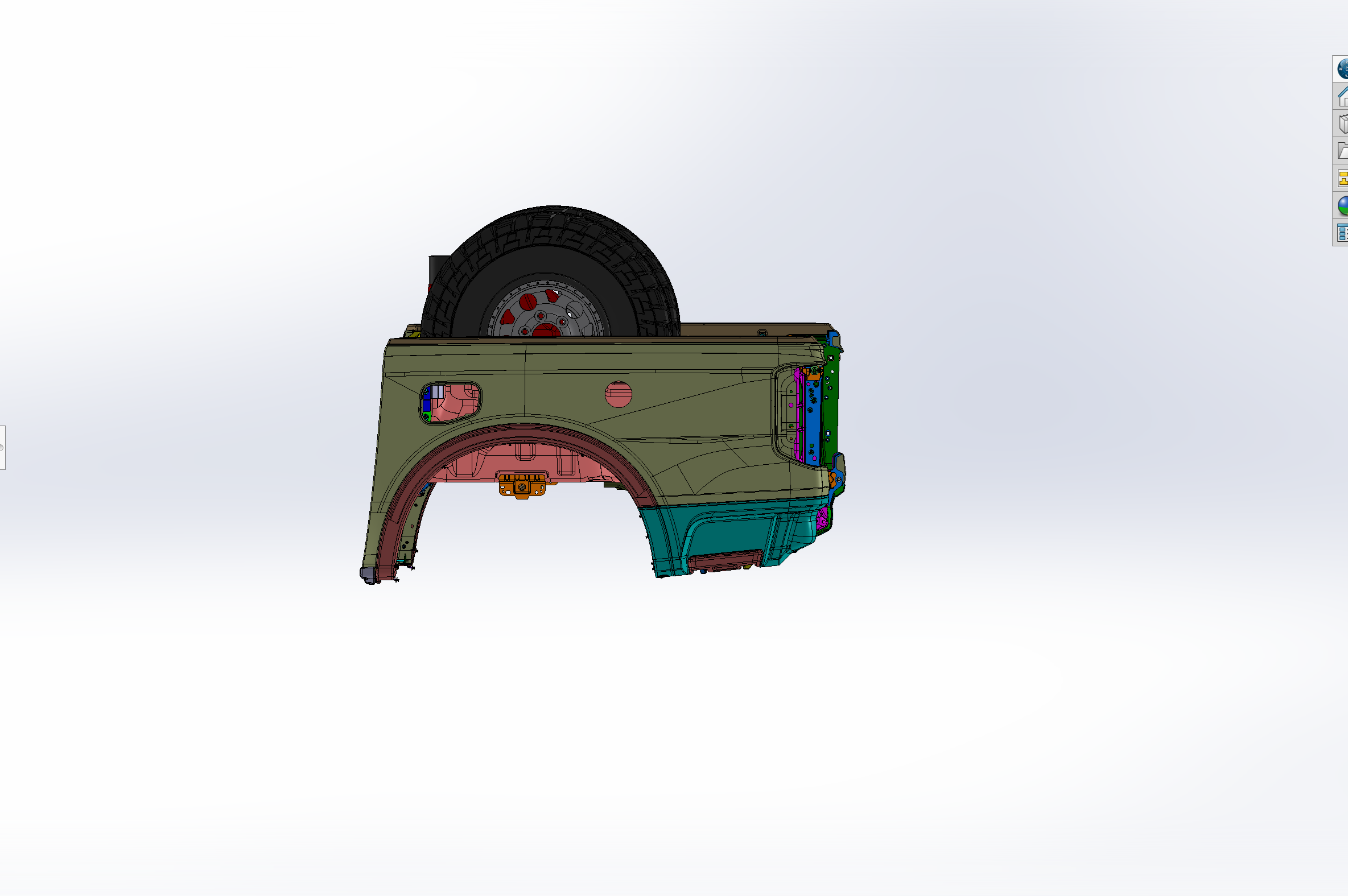 2024 Ranger and Ranger Raptor modular bed organizer design showcasing storage compartments and integrated spare tire mount.