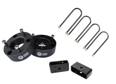 3-inch front strut spacers and rear lift blocks with U-bolts for enhanced truck suspension and offroad performance.
