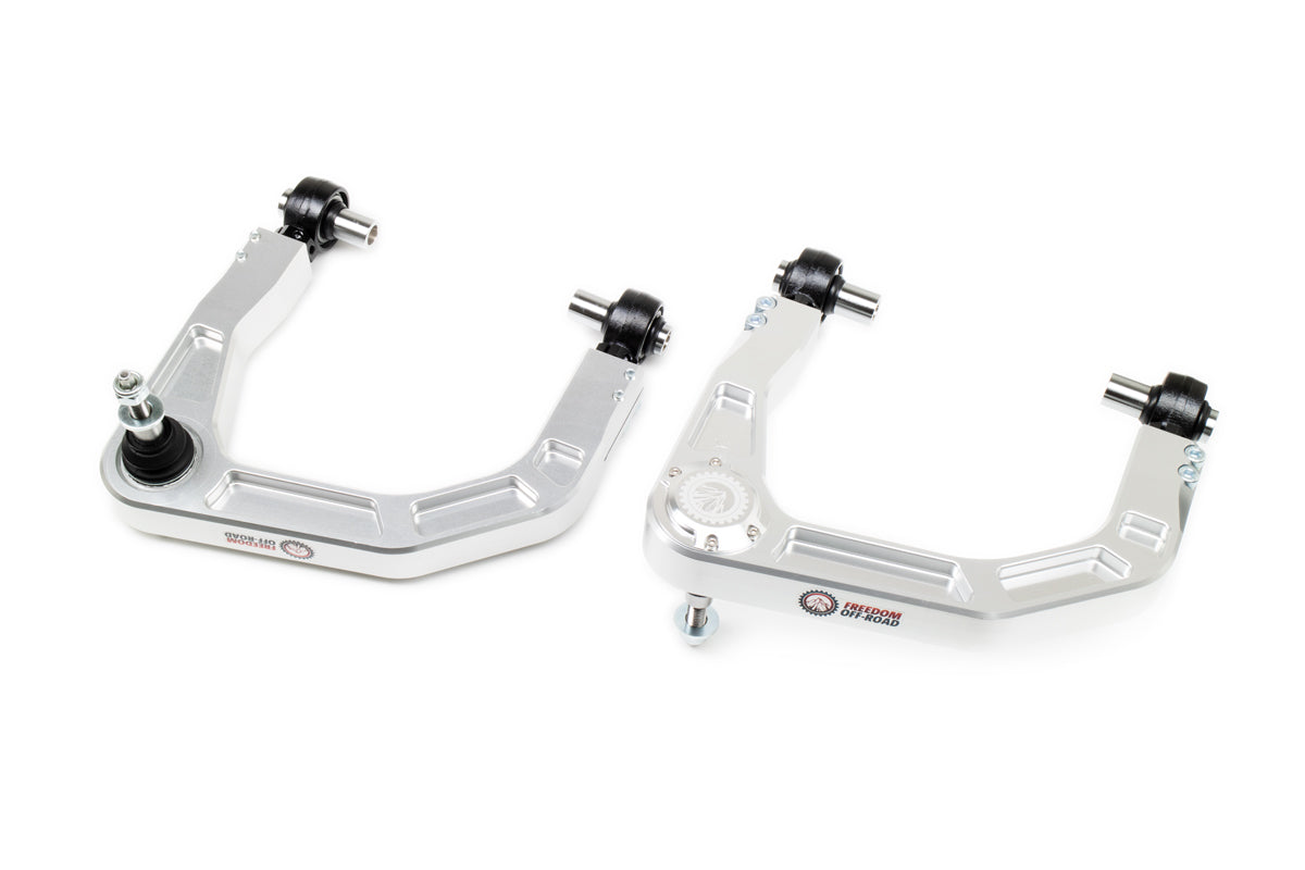 Billet front upper control arms for 2-4 inch lift on 2021-present Ford Bronco, designed for enhanced off-road performance.