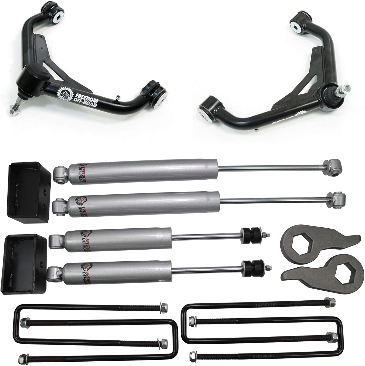 1-3 inch leveling lift kit with shocks and control arms by Freedom Off-Road for enhanced off-road performance and stability.