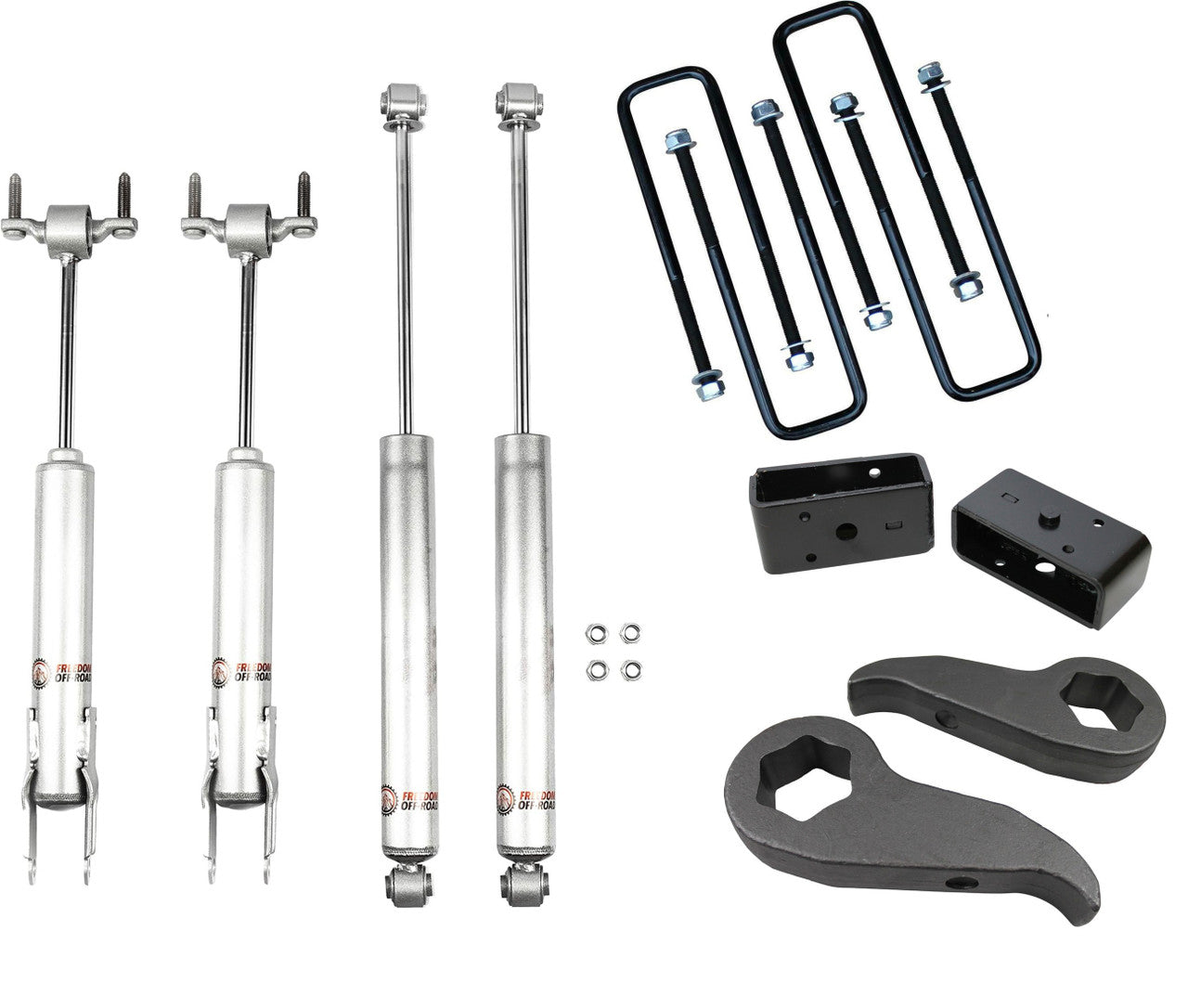 3-inch front and 2-inch rear leveling kit with shocks for 2020-present Chevrolet/GMC 2500HD/3500HD. Includes necessary hardware.