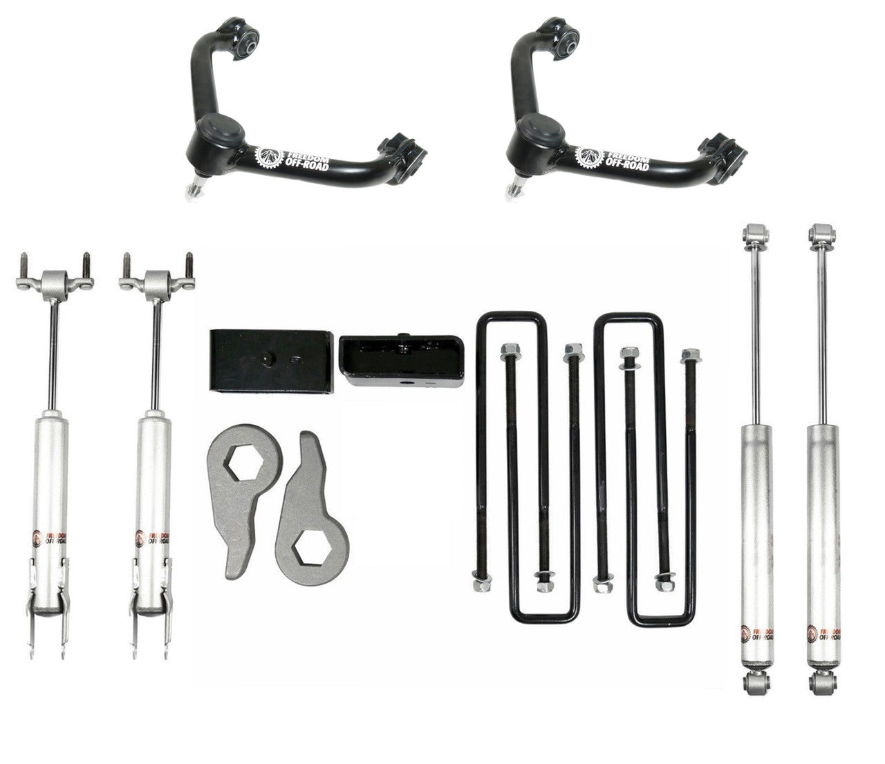 3-inch front and 2-inch rear leveling kit with shocks and control arms for 2020-present Chevrolet/GMC 2500HD/3500HD.