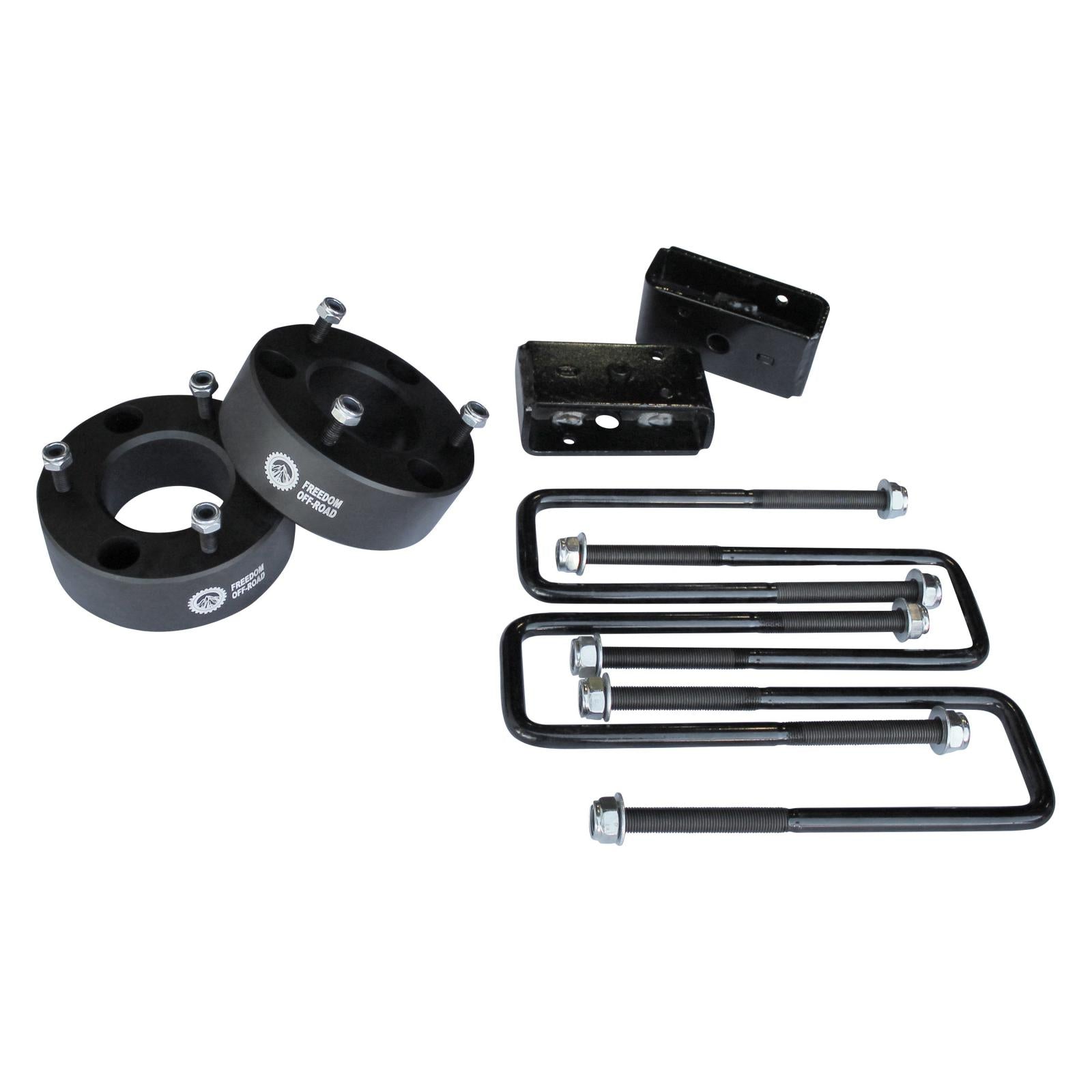 3-inch front strut spacer and 2-inch rear lift blocks with U-bolts for 2007-2019 Silverado/Sierra 1500. Ideal for off-road upgrades.