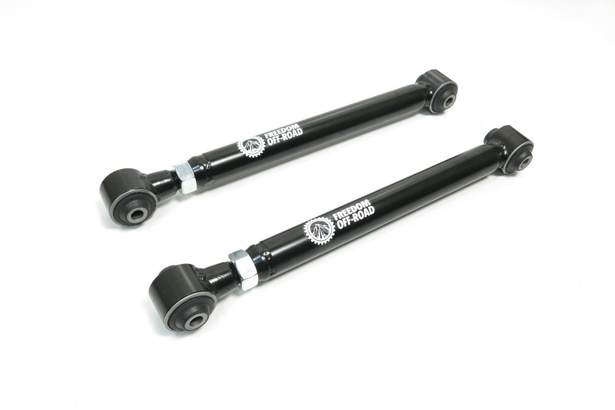 Adjustable rear lower control arms for 0-4.5 inch lift for 2007-2018 Jeep Wrangler JK by Freedom Off-Road. Durable design for off-road performance.