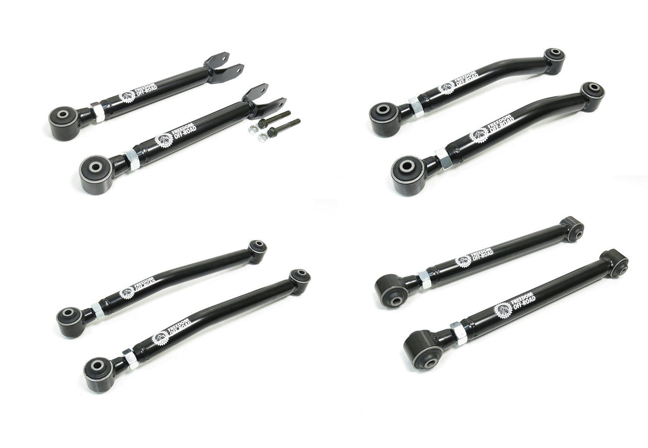 Adjustable control arms kit for 18-24 Wrangler JL, includes front and rear upper and lower arms for 0-4.5 inch lift.