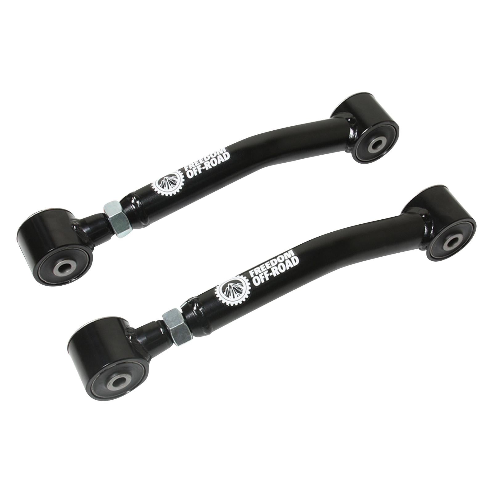Adjustable lower control arms for 0-8 inch lift, compatible with 84-01 Cherokee and 97-06 Wrangler, by Freedom Off-Road.